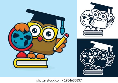 Back to school concept, funny owl standing on book with earth globe and pencil. Vector cartoon illustration in flat icon style