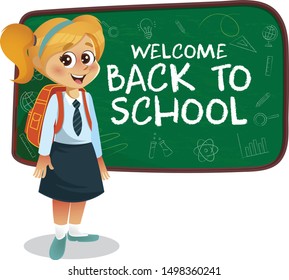 Back to School Concept, A Girl with Backpack in front of Green Chalkboard
