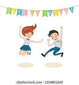 Back to school concept. The girl and the boy are jumping. Happy faces. Vector illustration. 