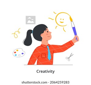 Back to School concept. Girl holds brush and draws sun. Creative student in class. Character trained in art studio or school. Cartoon modern flat vector illustration isolated on white background
