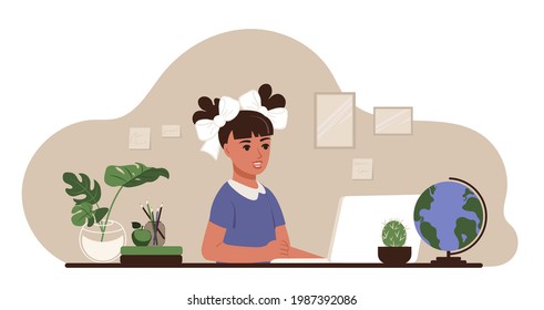 De vuelta al concepto escolar. Las chicas estudian en la mesa con una laptop y libros. Ilustración vectorial plana de la educación