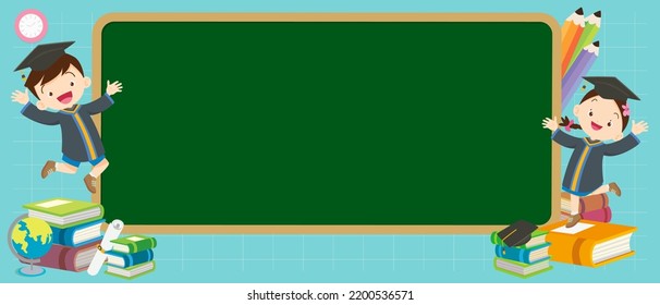 Back to school concept with graduate students boy and girl back to school chalkboard background with group graduate students