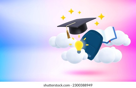 Back to school concept. Graduation cap, school bag, stationery and books. 3d vector banner with copy space