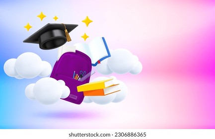 De vuelta al concepto escolar. gorra de graduación, bolso escolar, papelería y libros. Banner vectorial 3d con espacio de copia