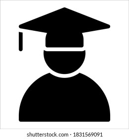 De vuelta al concepto escolar, el alumno de graduación firma sobre el fondo blanco, Persona en el icono del sombrero de graduación en estilo glifo para el concepto móvil y el diseño web, icono de graduación sólido vector.