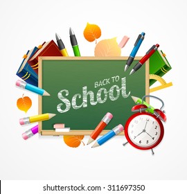 Back to School Concept. Green Chalkboard and Supplies. Vector illustration