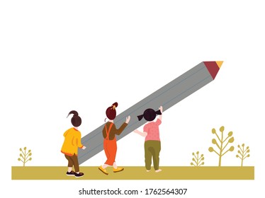 Back to school concept. Group of cute children with big pencil drawing on the wall, paper, sky. Diverse nation girls playing together. Toddlers of different races. Flat vector illustration in cartoon 