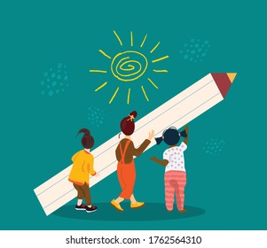 Back to school concept. Group of cute children with big pencil drawing sun on the wall, paper. Diverse nation girls playing together. Toddlers of different races. Flat vector illustration in cartoon 