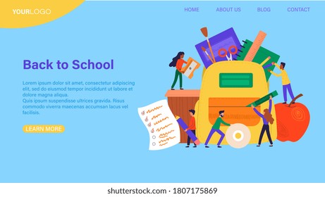 Back To School concept with group of diverse kids using an array of educational accessories, colored vector illustration web page template