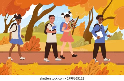 Back to school concept. A group of international school children go to classes on September 1 through the autumn city park. Cartoon vector illustration