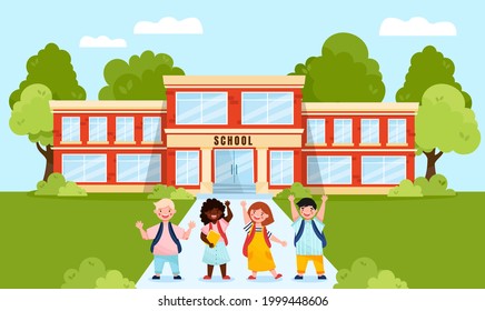 Back to school concept. Group of multicultural pupils walking to school. Happy kids with backpacks.Flat cartoon style vector illustration. Orange School building architecture with trees and shrubs. 