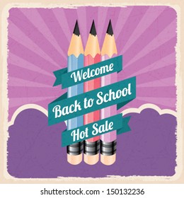 Back to school concept, group of pencils, retro vintage poster, vector illustration