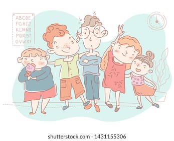 Back to school concept. Group of young schoolchildren having fun showing different personalities