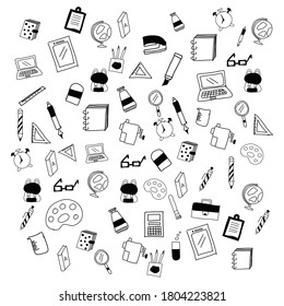 Back to school concept. Hand drawing doodle of equipment for study in classroom isolated on white background.