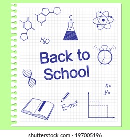 Back to school concept. Hand drawn school items on squared notebook paper