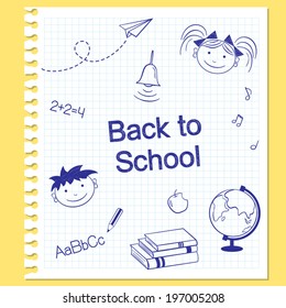 Back to school concept. Hand drawn school items on squared notebook paper