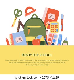 Back to school concept with hand drawn school supplies. Vector illustration with typography.