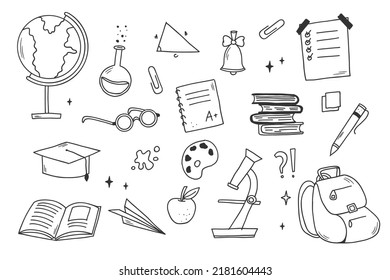 Back to school concept. Hand drawn set of doodle school items. Different stuff for study.