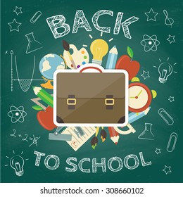 Back to school concept. Hand drawn background with icon set. Green chalkboard effect. Vector illustration