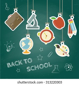 Back to school concept. Hand drawn background with icon set. Green chalkboard effect. Vector illustration