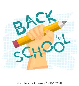 Back to school concept. Hand holding big pencil. Modern art. Vector illustration