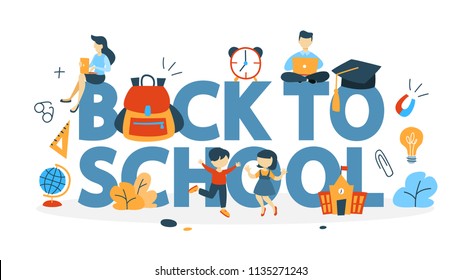 Back to school concept. Happy children go to school . Pupils and students get education. Isolated flat vector illustration