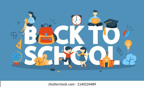 Back to school concept. Happy children go to school . Pupils and students get education. Flat vector illustration