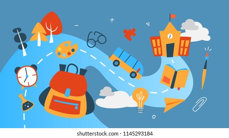 Back to school concept. Happy children go to school . Pupils and students get education. Flat vector illustration