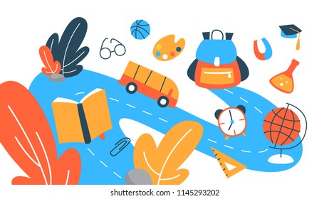 Back to school concept. Happy children go to school . Pupils and students get education. Flat vector illustration