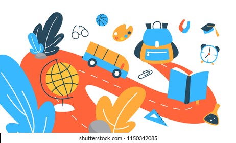 Back to school concept. Happy children go to school . Pupils and students get education. Flat vector illustration