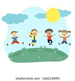 Back to school concept - Happy children jumping together fun with school as background. Students are playing happily on the grass in front of the school.