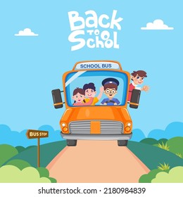 Back to school concept. Happy children will go to school by school bus. Flat vector illustration
