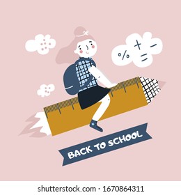 Back to School concept. Happy girl rejoices to return to school. Vector illustration.