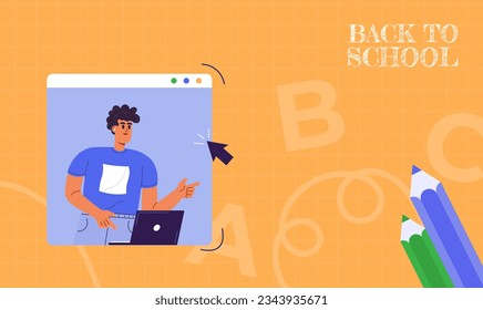 Back to school concept. Happy man with laptop. Vector education illustration. Banner, poster, flat design with woman character. Vector illustration