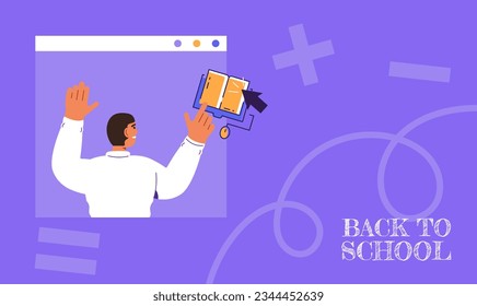 Back to school concept. Happy man with laptop. Vector education illustration. Banner, poster, flat design with woman character. Vector illustration