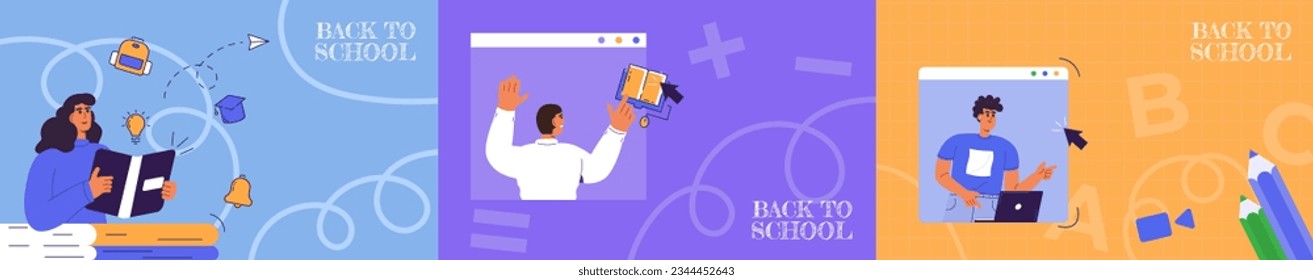 Back to school concept. Happy man and woman. Vector education illustration. Banner, poster, flat design with woman character. Vector illustration