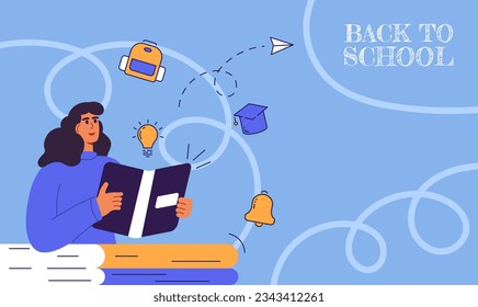 Back to school concept. Happy woman with book. Vector education illustration. Banner, poster, flat design with woman character. Vector illustration