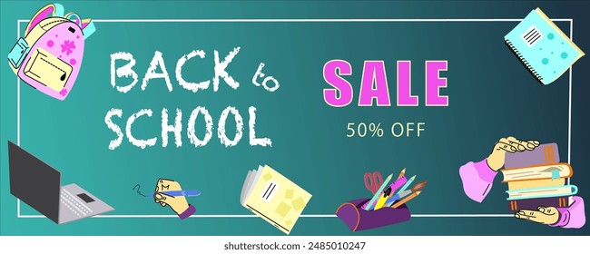 Back to school concept. Horisontal promo sale banner with school supplies. Vecor illustration for education poster, stationery shop advertisement, discount, special offer