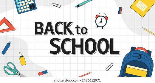 Back to school concept horizontal background. Colorful School bag and supplies on checkered paper background. Design for sale, banner, poster, education, prints. 