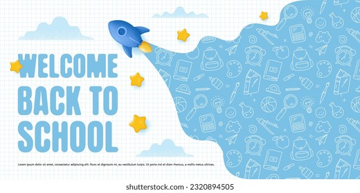 Back to School Concept Horizontal Banner with doodle background and cartoon 3D elements. Vector illustration