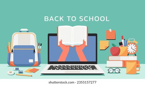 Back to School Concept, Human Hand Holding Book on Laptop Screen for Online Learning and Virtual Studying with Bag, Pencil, Pen and Other Objects, Flat Vector Design Illustration 