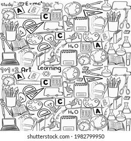 Back to school concept.Set of school icons Ornaments background pattern Vector illustration on white background.Back to school seamless vector pattern with funny sketch