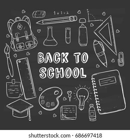 back to school concept with school icons or supplies using doodle style on chalkboard background