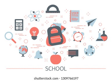 Back to school concept. Idea of education and learning. Book and pencil. Set of colorful icons. Isolated flat vector illustration