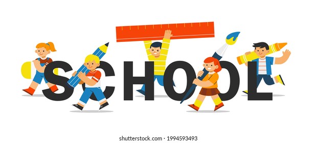 Back to school concept illustration. Adorable students  with art supplies walk around word 'School'. 