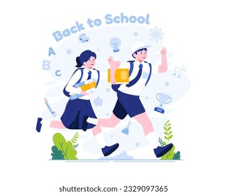 Back to School concept illustration. Children in school uniforms with backpacks running happily back to school