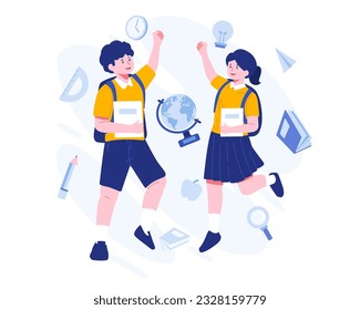 Back to school concept illustration. Happy student Boy and Girl with backpacks are jumping together. Happy to go Back to school