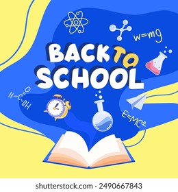 Ilustración del concepto de regreso a la escuela con un libro abierto y útiles escolares volando de él como símbolo de nuevo conocimiento. Educación y comenzar la escuela. Anuncio, cartel, venta. Ilustración vectorial
