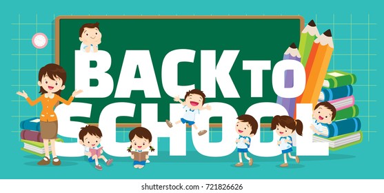 Back to school concept illustration of Teacher, Students Boy and Girl Reading and learning various actions with elements ,Books,chalkboard in classroom around big Letter.