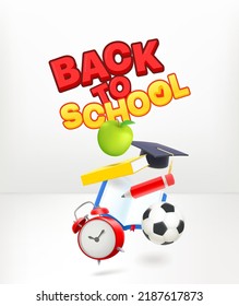 Back to school concept with inscription. 3d vector banner